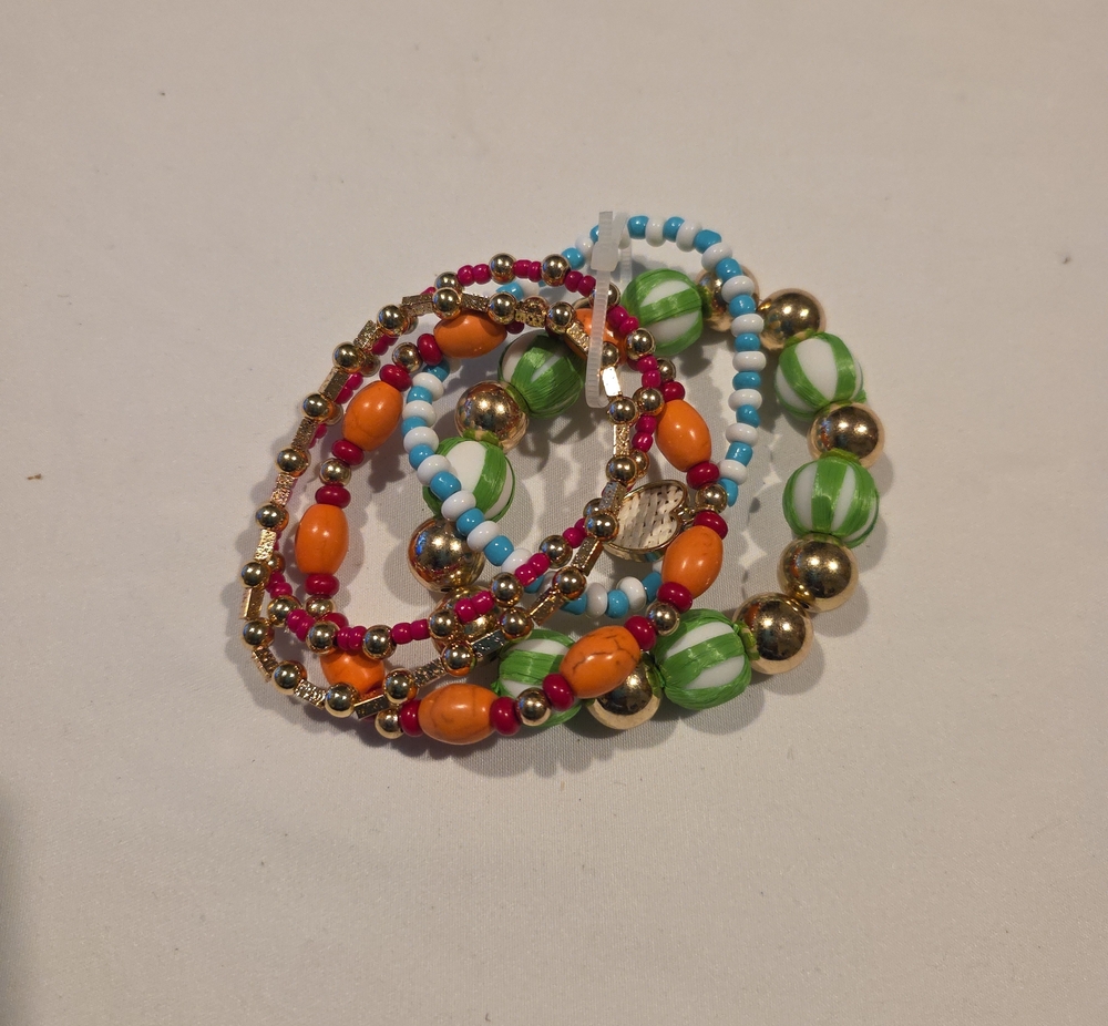 Colorful Stretch Beaded Bracelet Stack — Mixed Orange, Green, Blue & Pink